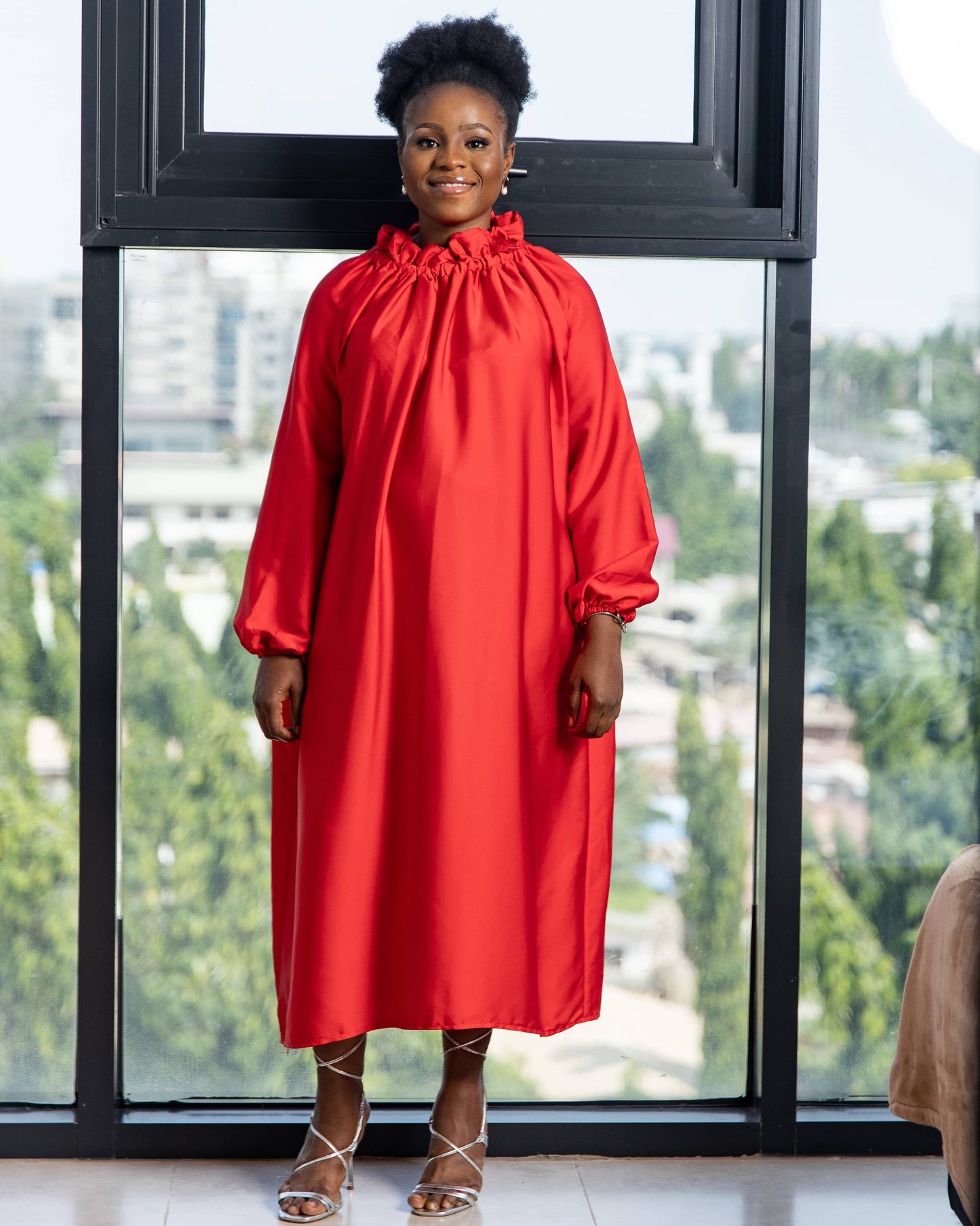 Maternity Ruffle Neckline Red Silk Midi Dress