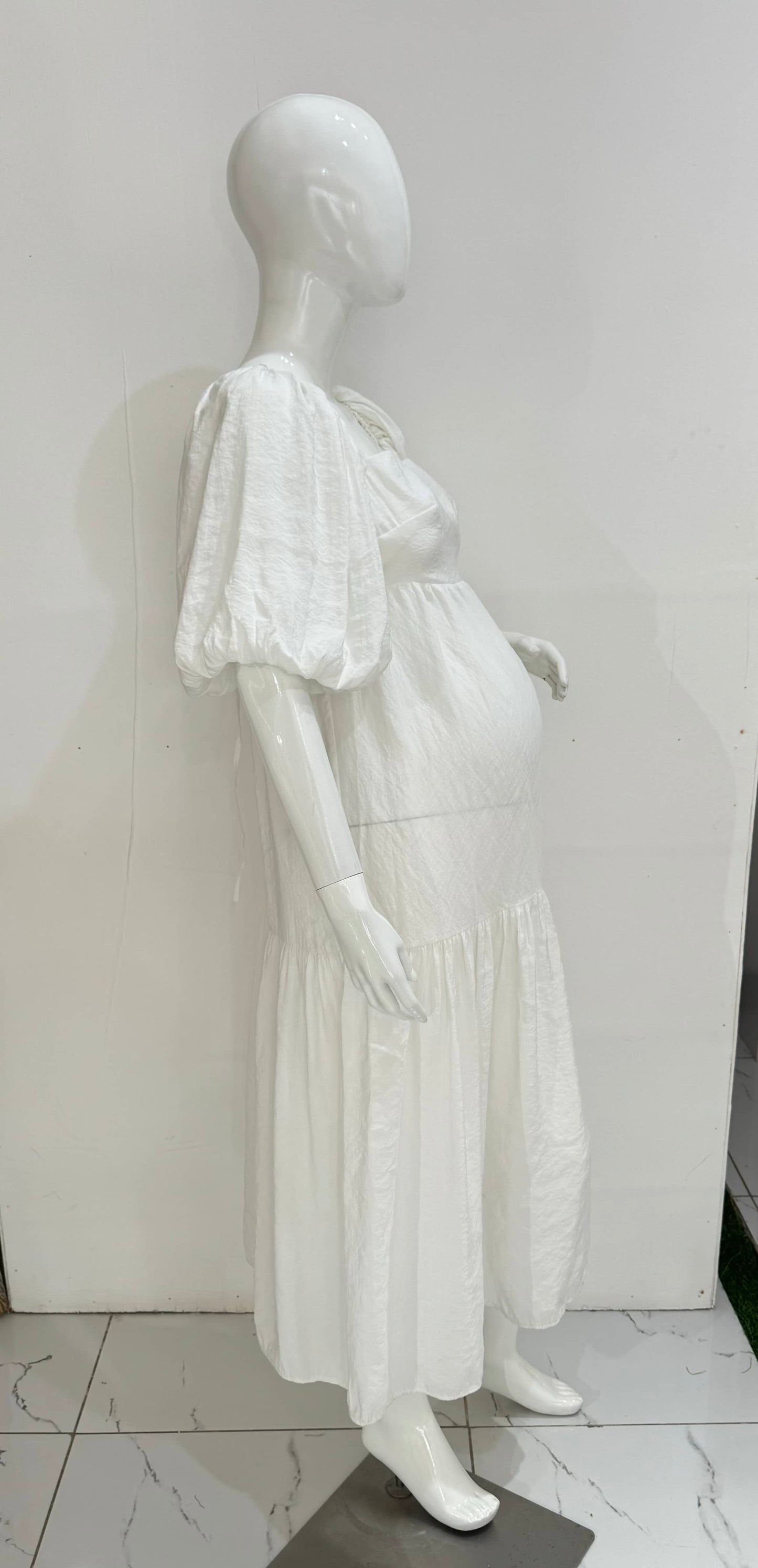 Square Neck Tie Back White Smock Maxi Maternity Dress