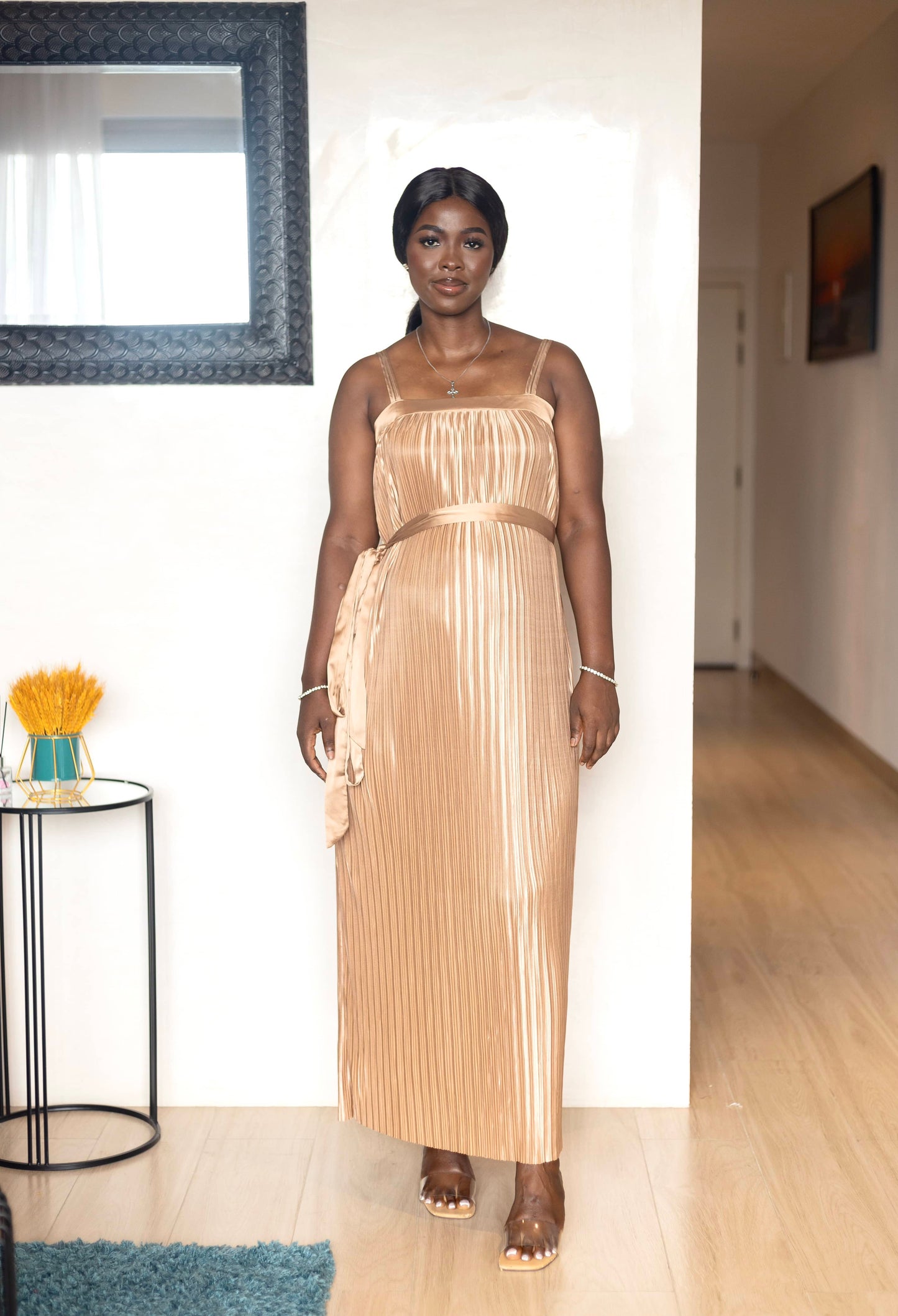 Champagne Pleated Maternity Maxi Dress