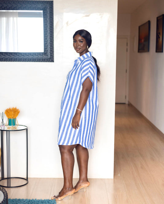 Blue Striped Midi Maternity Shirt Dress