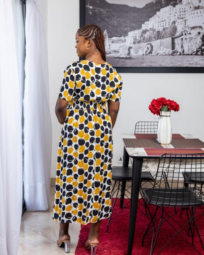 Yellow Tile Print Maternity Shirred Waist Dress