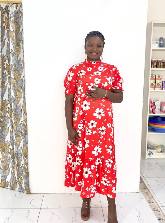 Red Floral Frill Maternity Midi Smock Dress