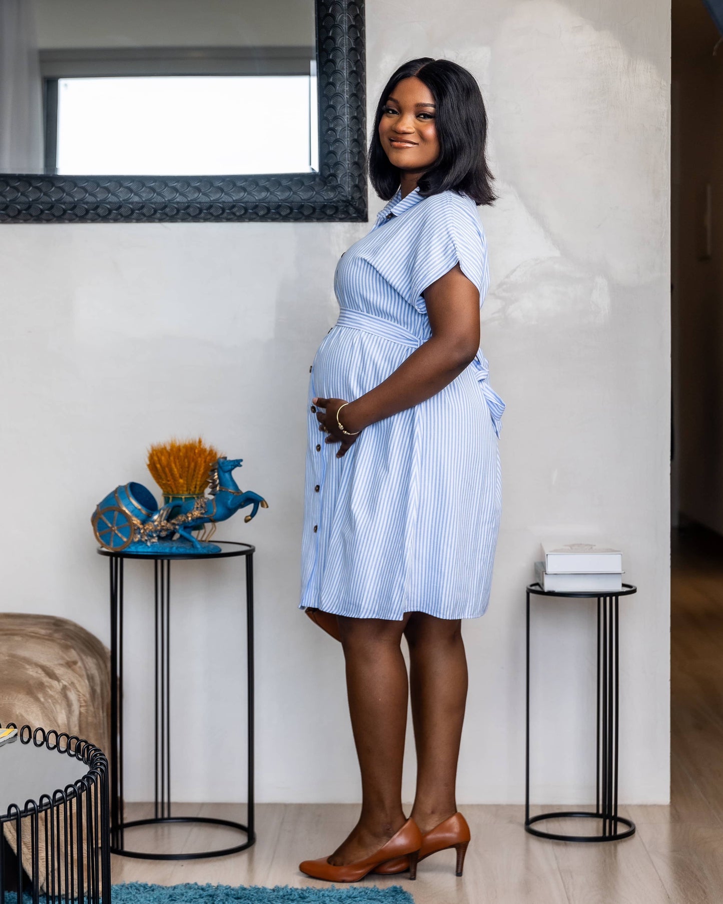 Belted Blue Stripe Button Down Maternity Dress