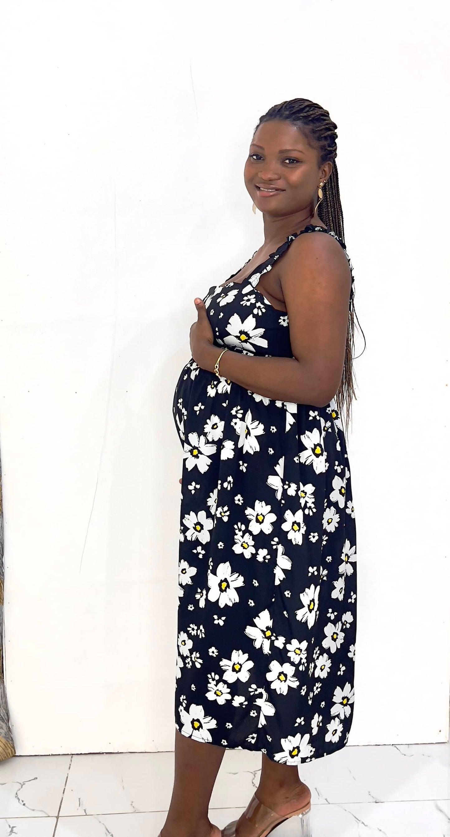 Black Daisy Print Tie Back Maternity Dress