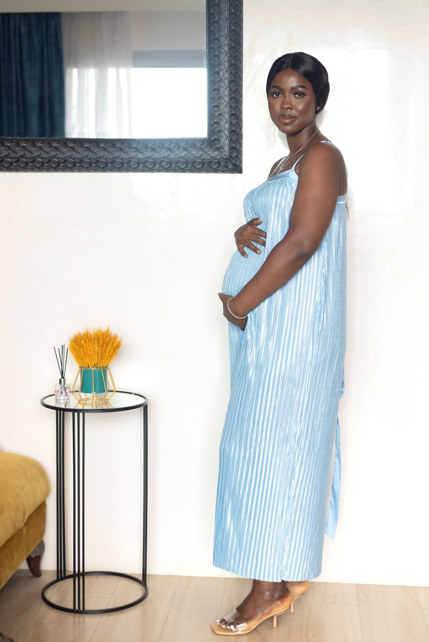 Ice Blue Pleated Maternity Maxi Dress