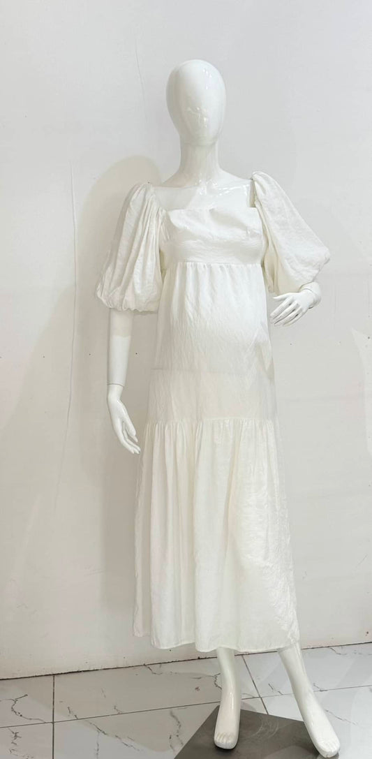 Square Neck Tie Back White Smock Maxi Maternity Dress