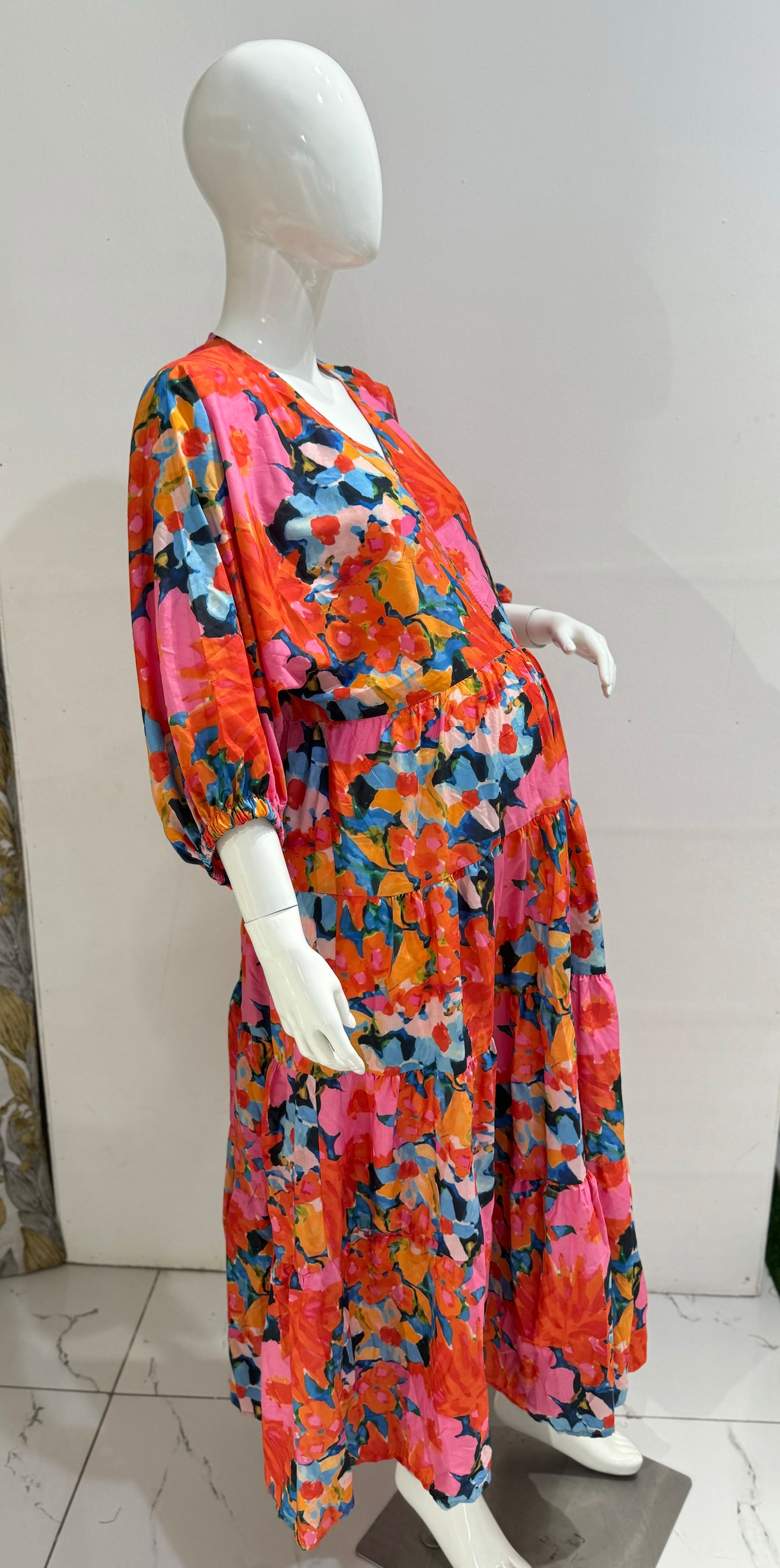 Orange Floral V-neck Maxi Tiered Smock Dress