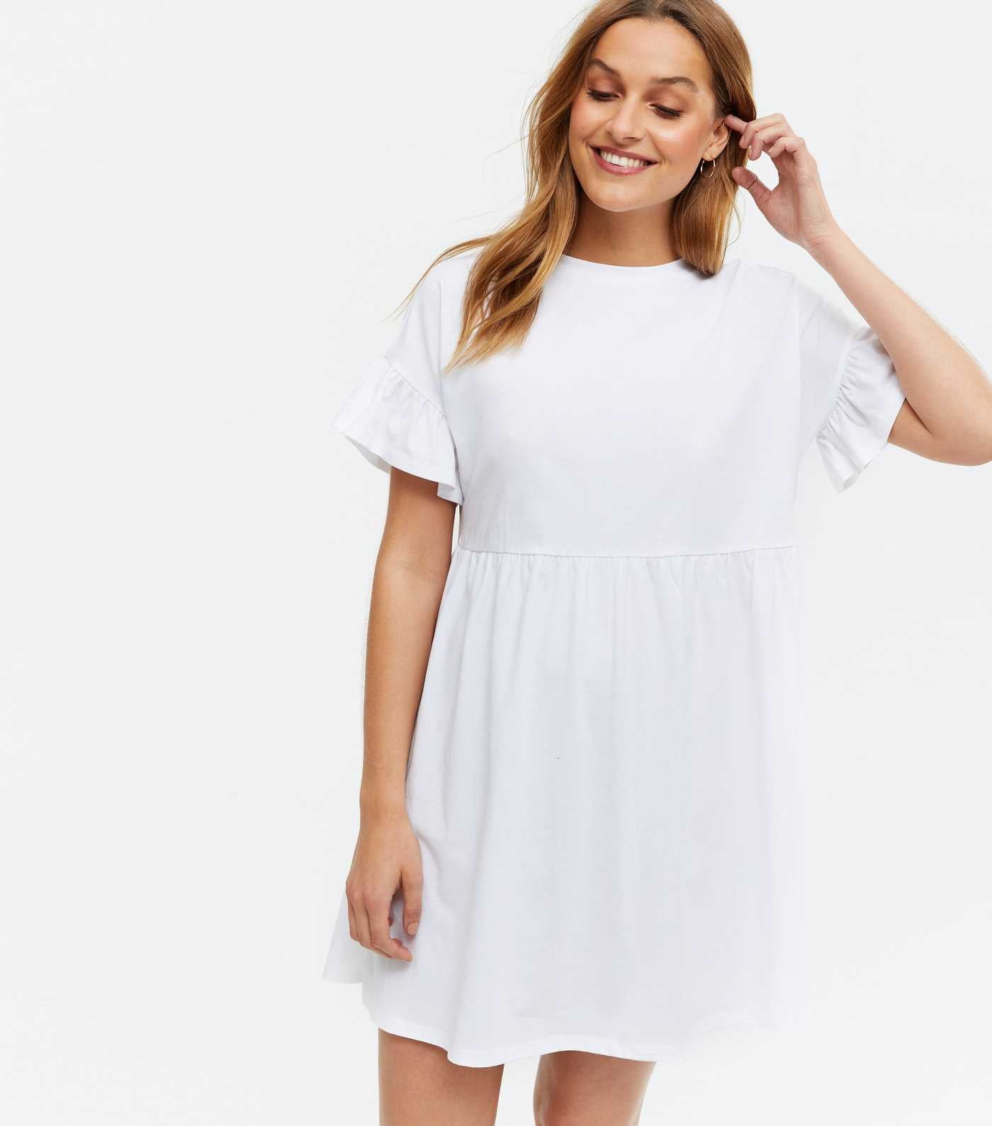 Frill Short Sleeve Smock White Dress