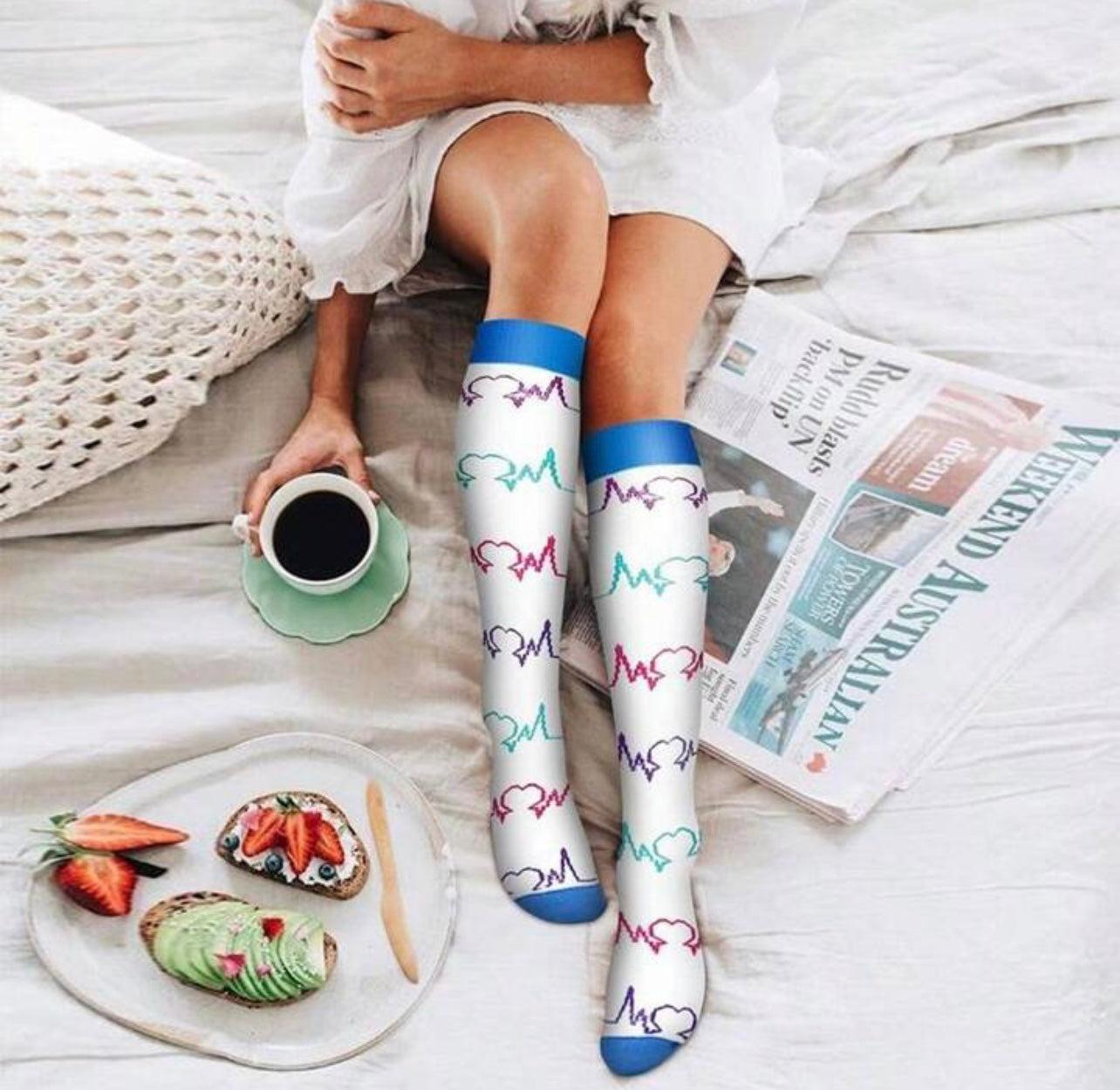 Heartbeat Print White Compression socks