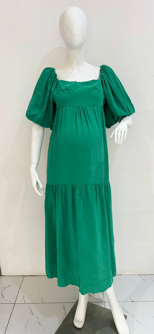 Square Neck Tie Back Green Smock Maxi Maternity Dress