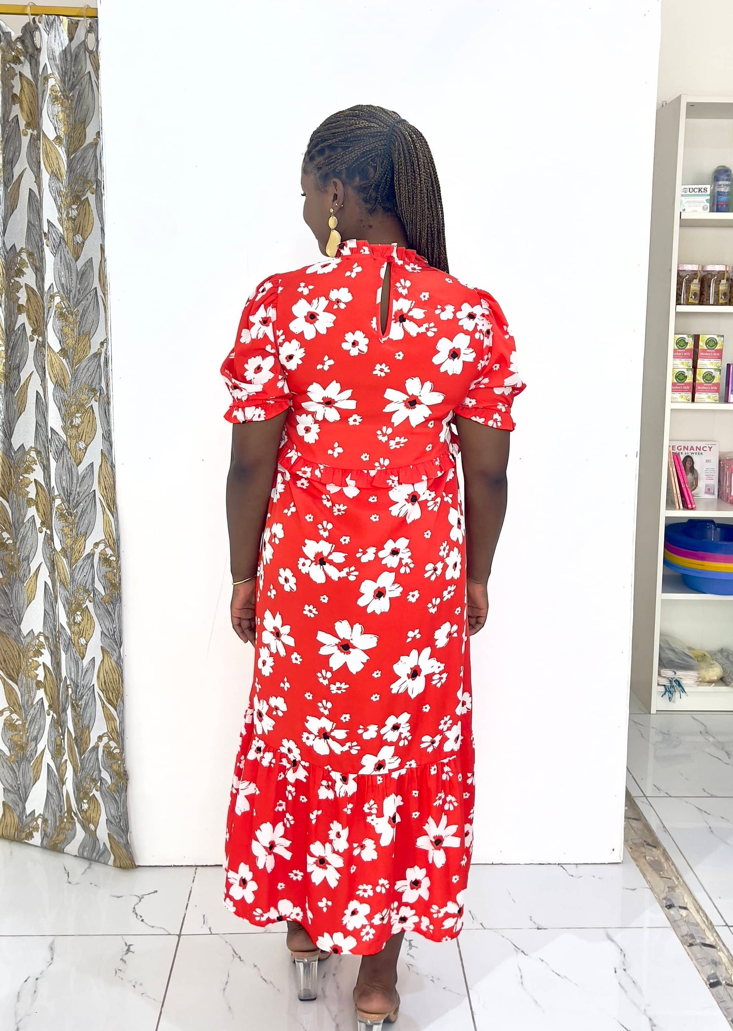 Red Floral Frill Maternity Midi Smock Dress