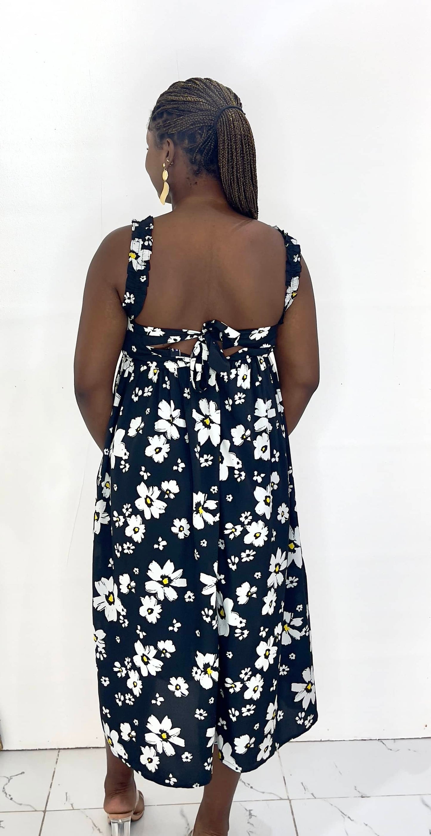 Black Daisy Print Tie Back Maternity Dress