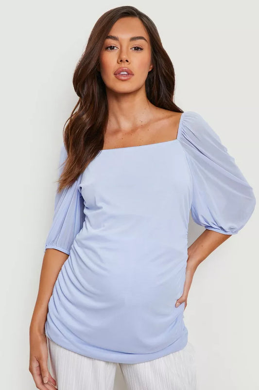 Blue Maternity Mesh Puff Sleeve Top