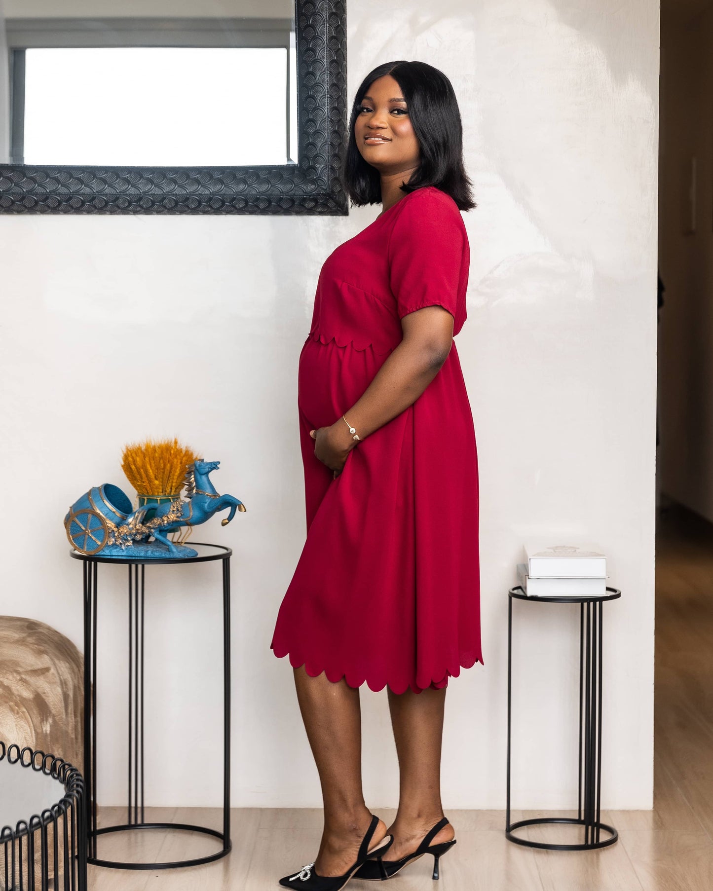 Red Maternity &Nursing Scallop Edge Gathered Dress