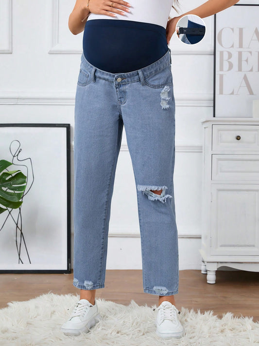 Straight Leg Ripped Overbump Maternity Light Wash Jeans