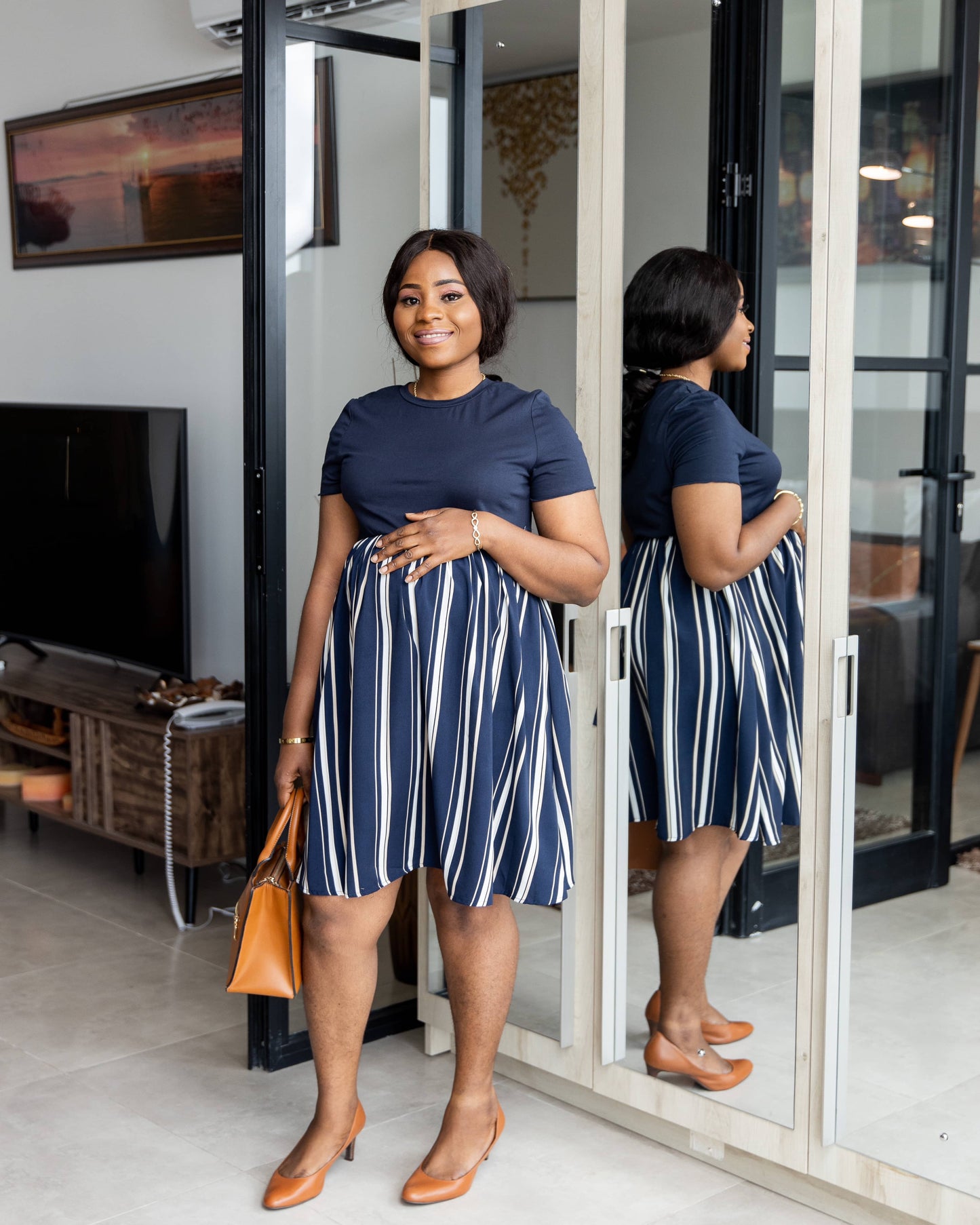 Striped Navy Hem Belted Maternity Skater Dress