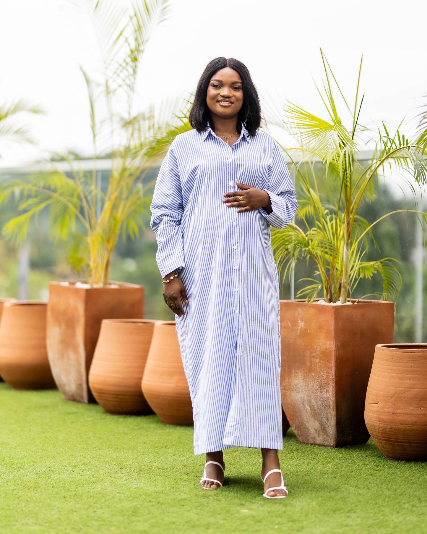 Maternity Oversized Blue Striped Maxi Shirt Dress