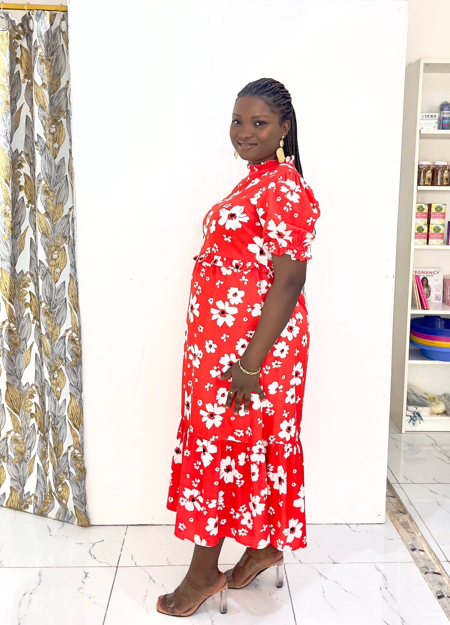 Red Floral Frill Maternity Midi Smock Dress