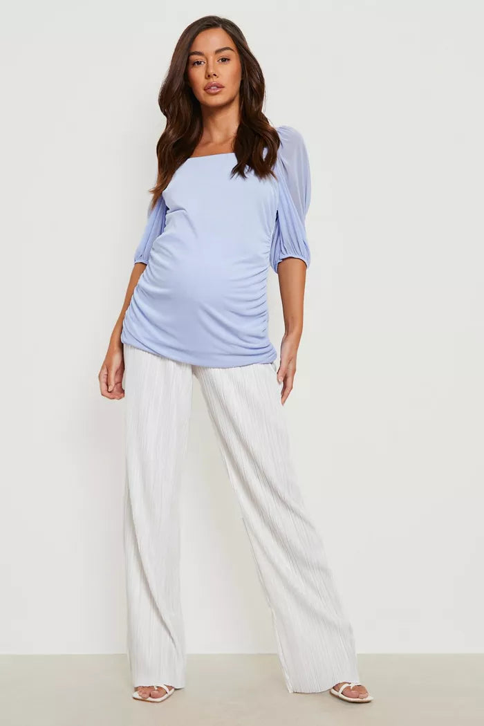 Blue Maternity Mesh Puff Sleeve Top