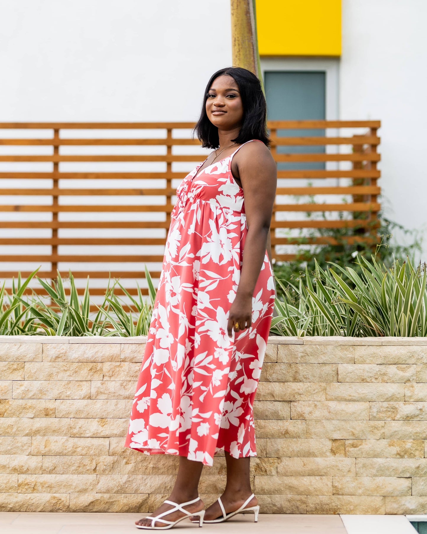 Red Floral Print Spaghetti Strap Maternity Midi Dress