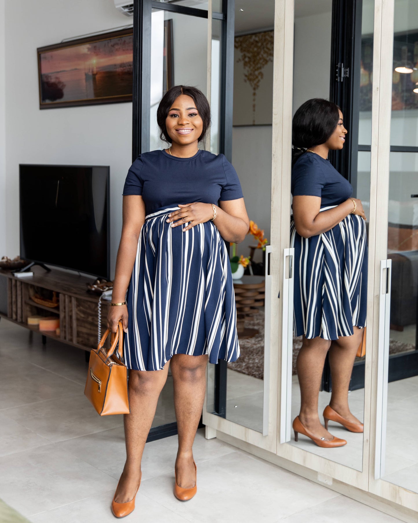 Striped Navy Hem Belted Maternity Skater Dress