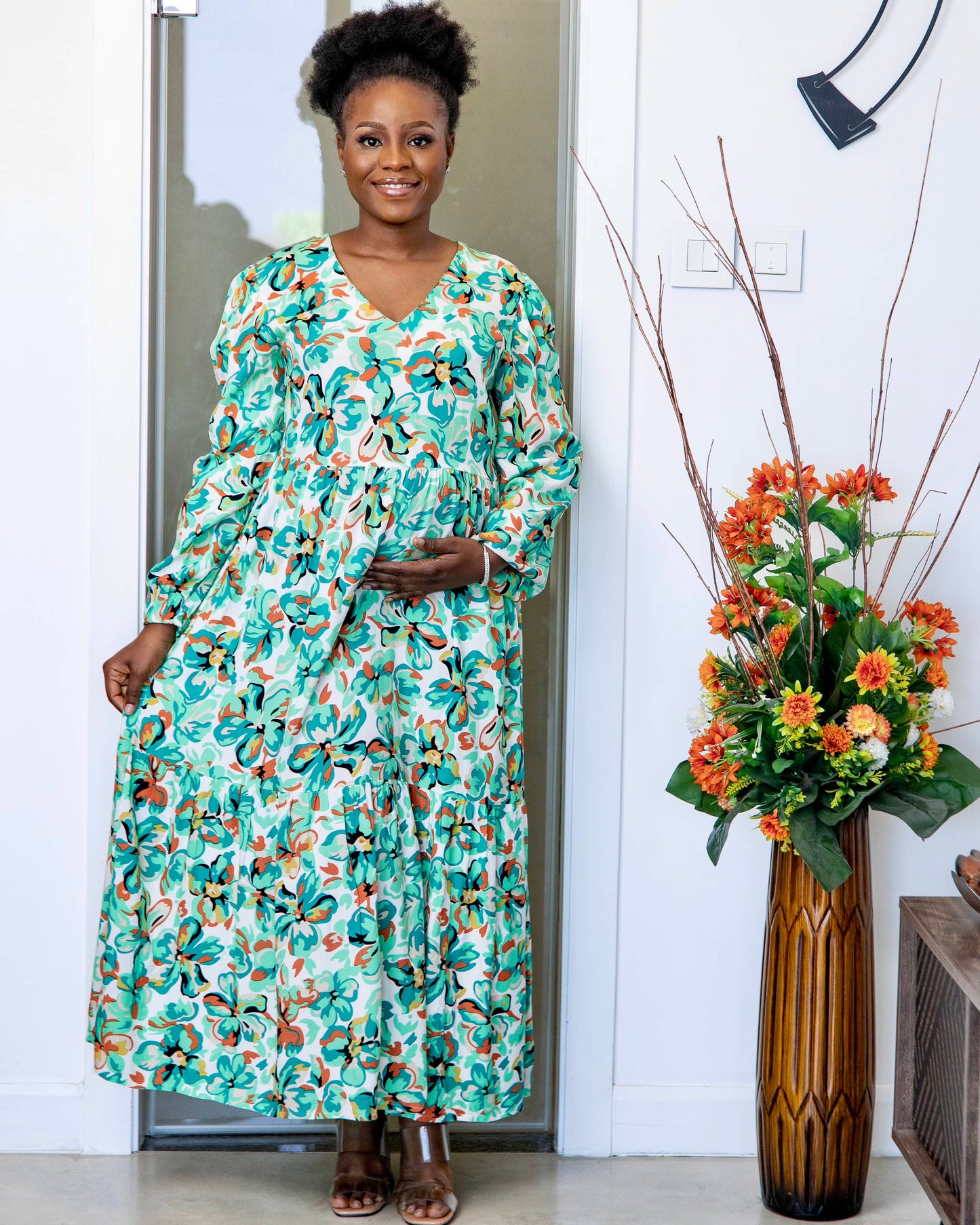 Green V-Neck Floral Print Maternity Smock Maxi Dress