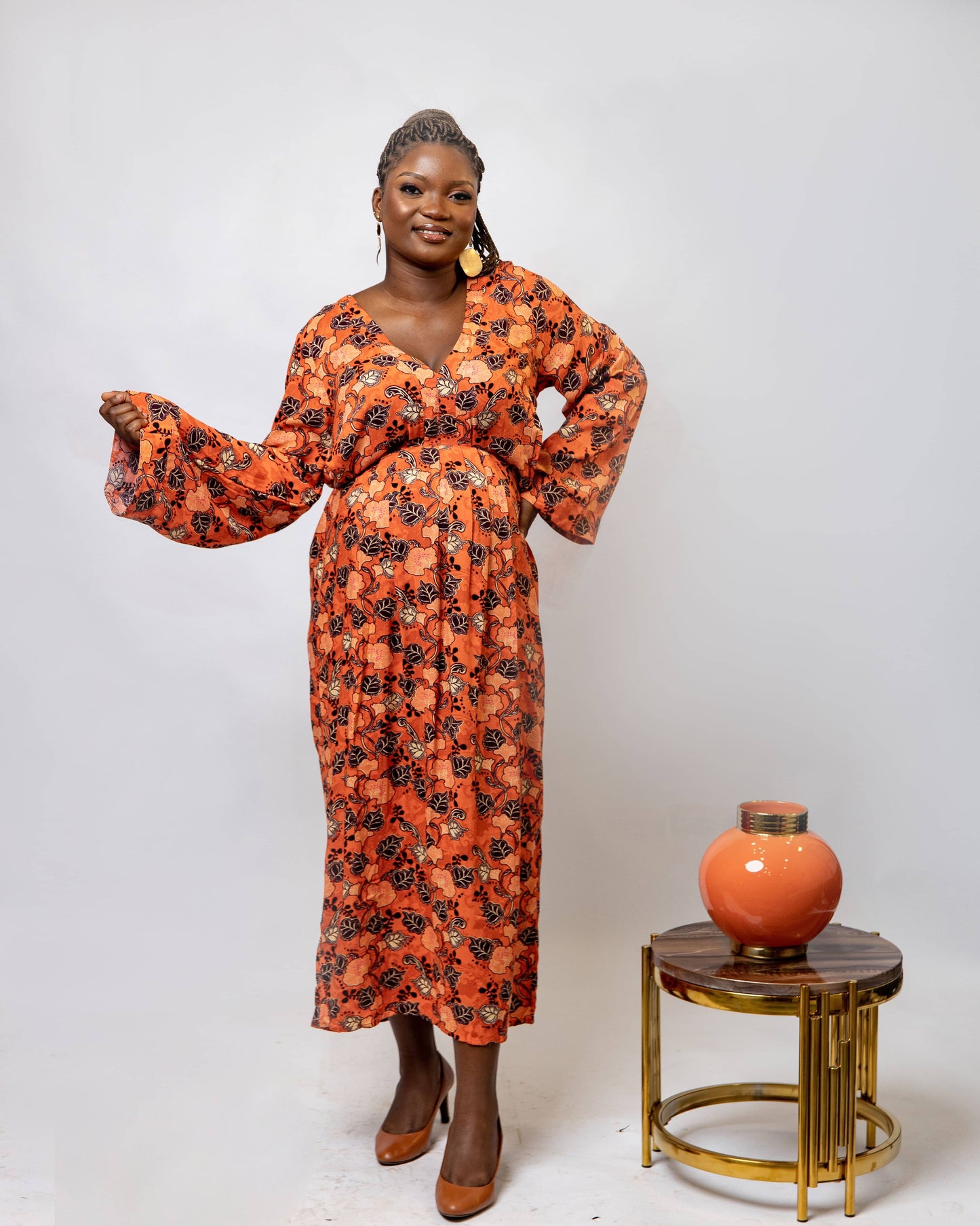 Orange Floral Flair Sleeve Maternity Dress