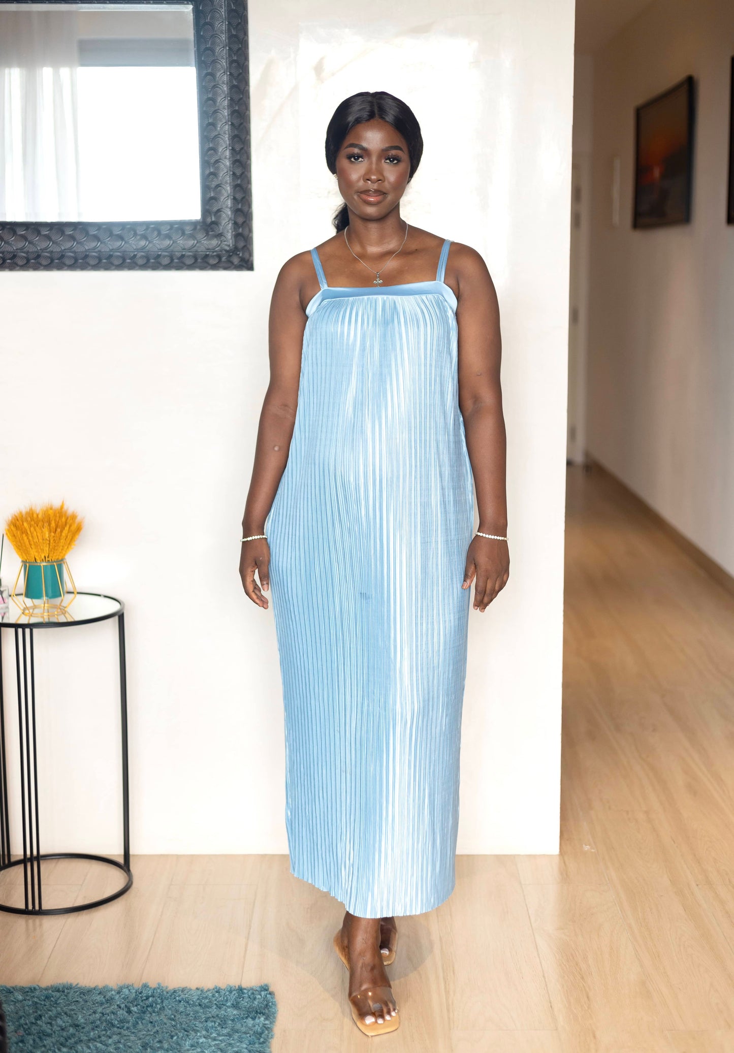 Ice Blue Pleated Maternity Maxi Dress