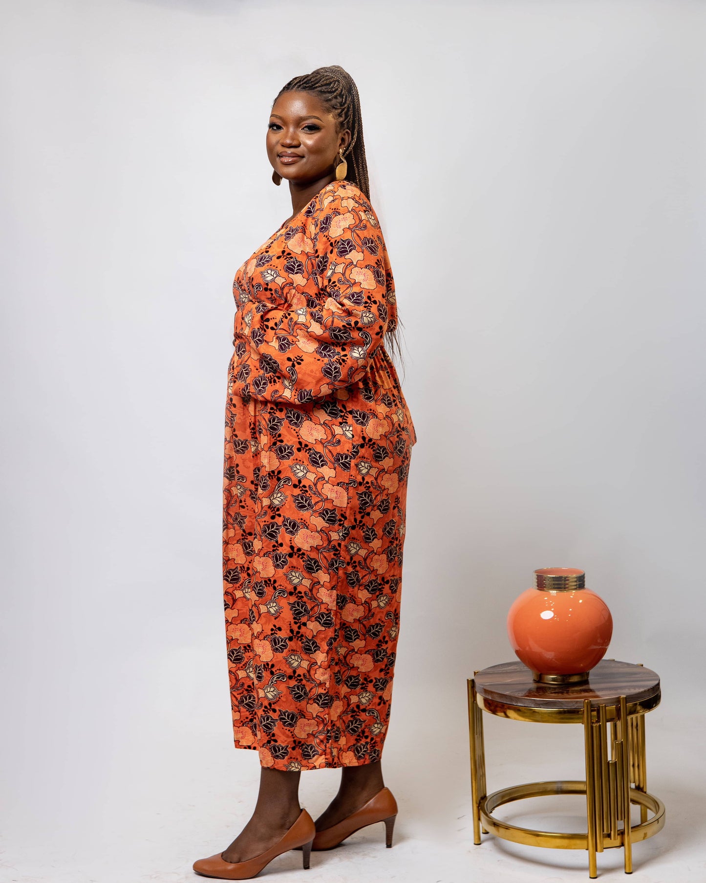 Orange Floral Flair Sleeve Maternity Dress