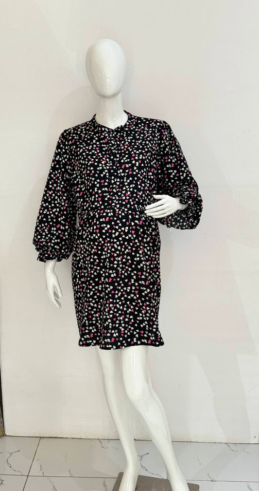 Black Heart Long Puff Sleeve Mini Maternity Shirt Dress/Tunic