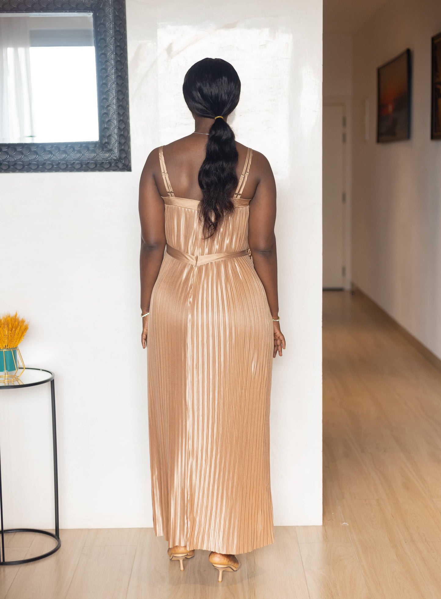 Champagne Pleated Maternity Maxi Dress