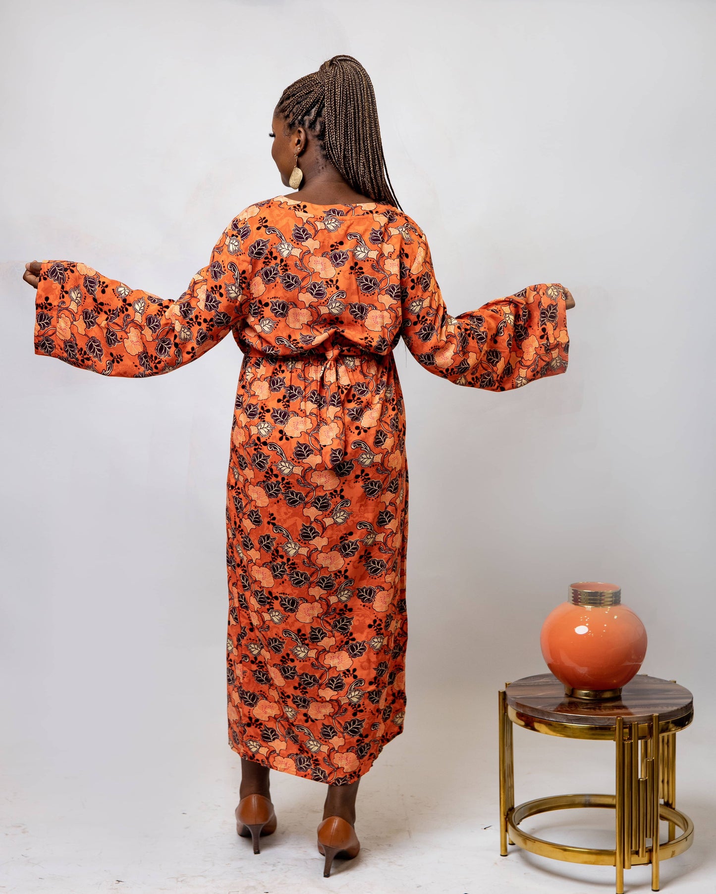 Orange Floral Flair Sleeve Maternity Dress