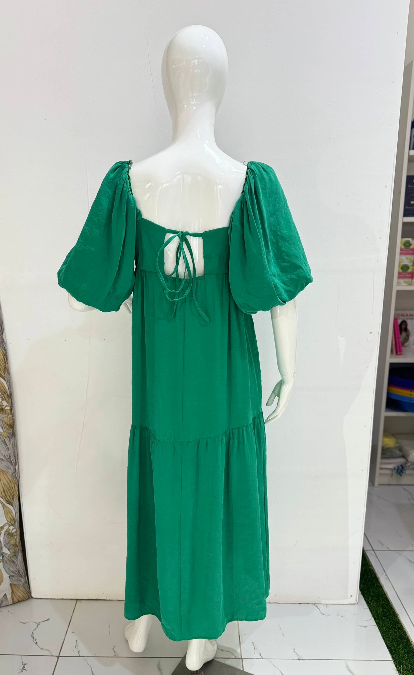 Square Neck Tie Back Green Smock Maxi Maternity Dress