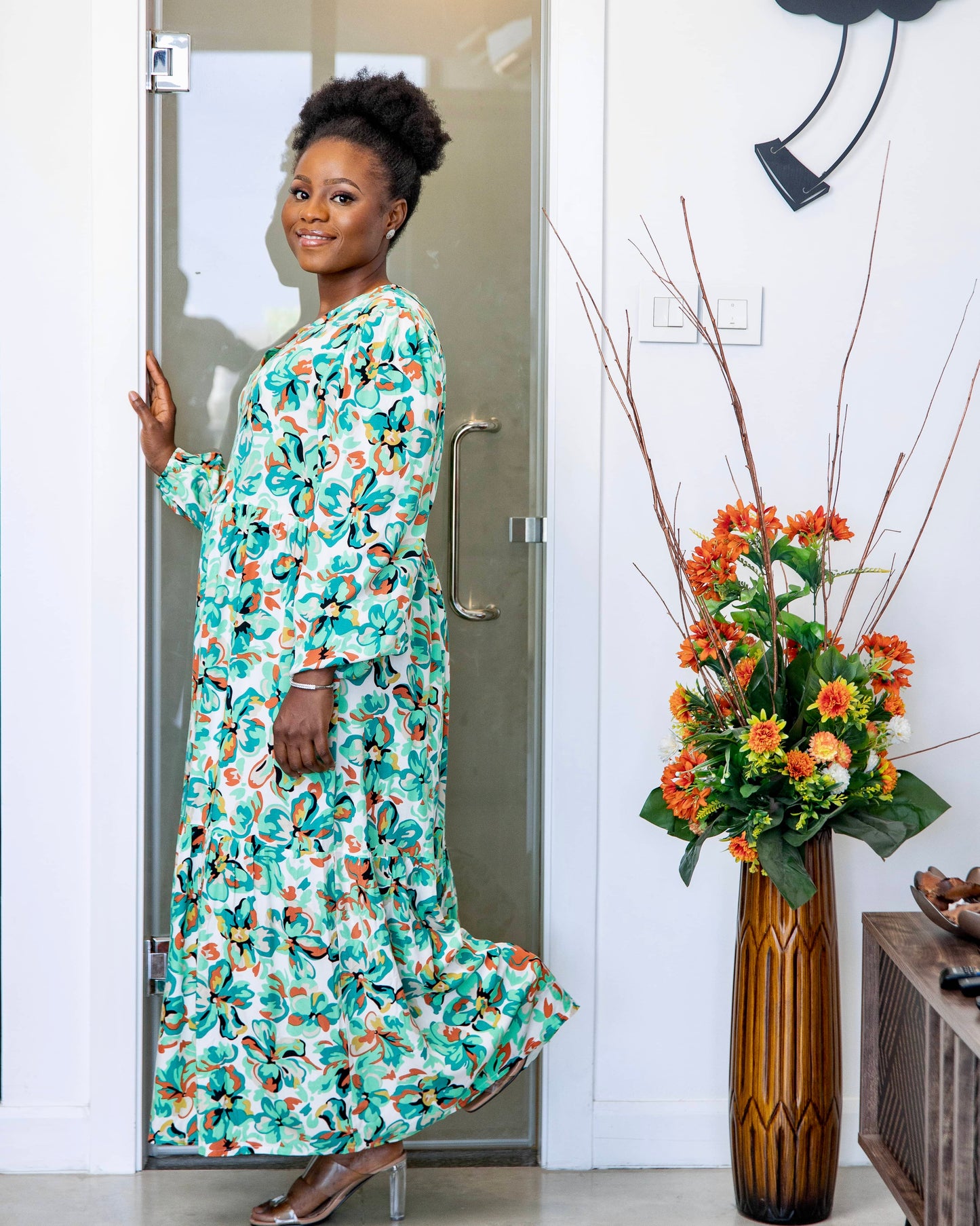 Green V-Neck Floral Print Maternity Smock Maxi Dress