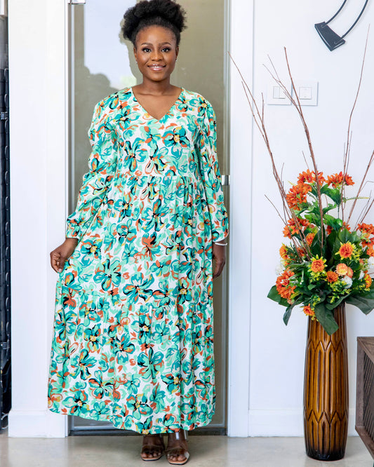 Green V-Neck Floral Print Maternity Smock Maxi Dress