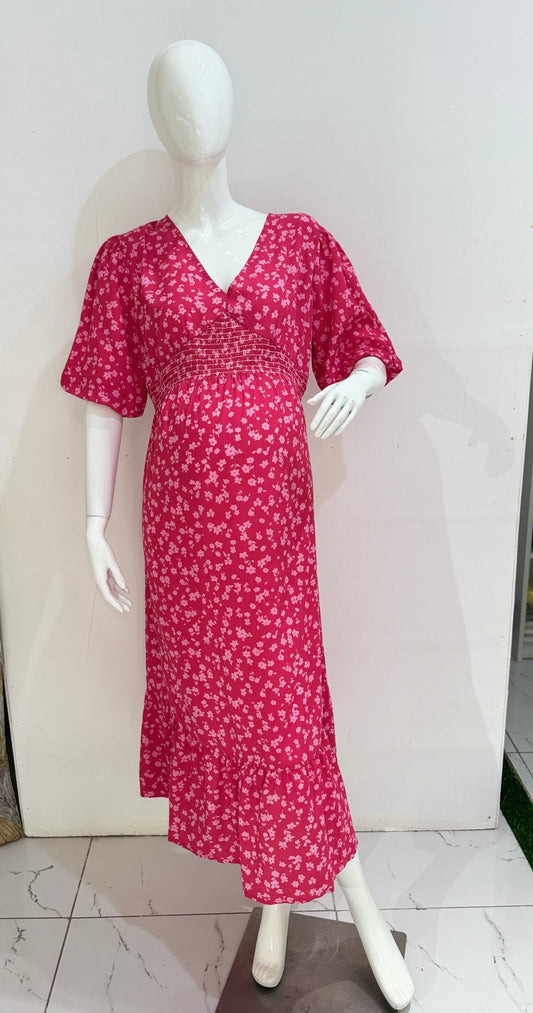 Pink Shirred Waist Midi Maternity Dress