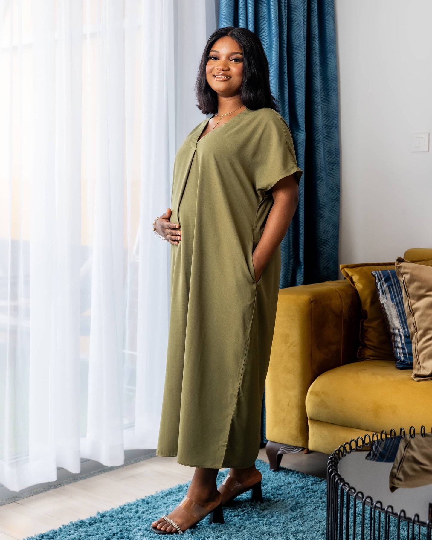 Maternity V-Neck Loose Tunic Maxi Dress with Pockets