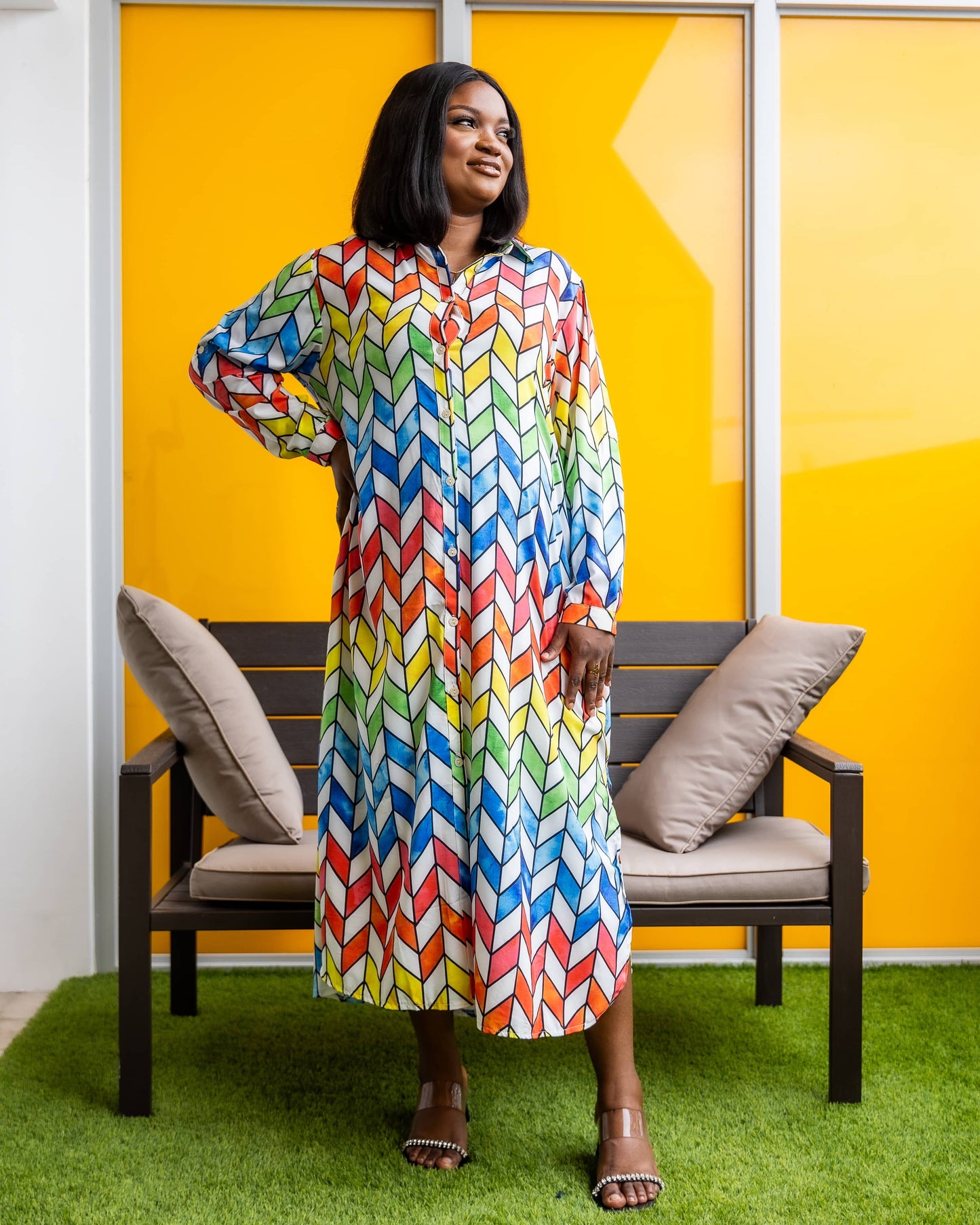 Multi Color Side Split Maternity Midi Shirt Dress