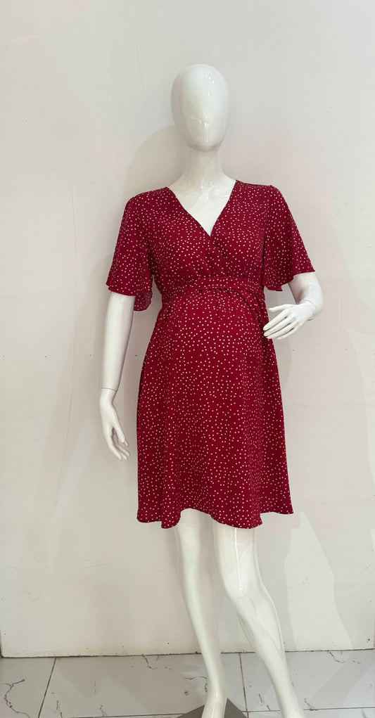 Red Polka Dot Belted Maternity Dress