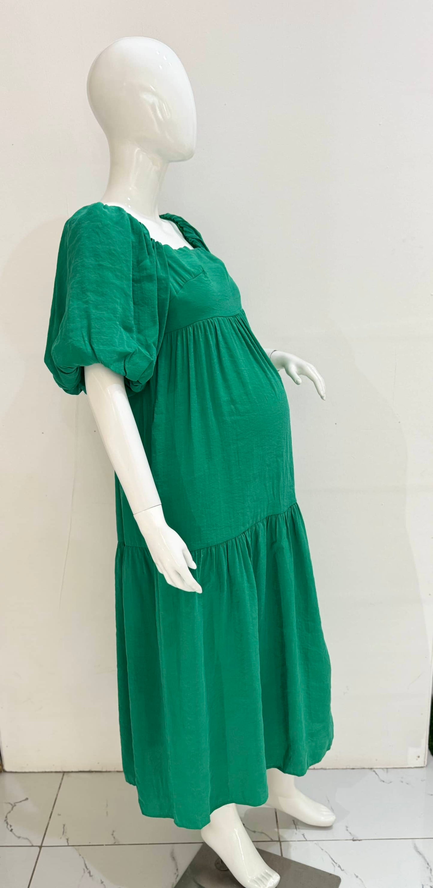 Square Neck Tie Back Green Smock Maxi Maternity Dress