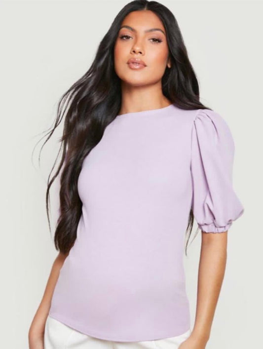 Round Neck Puff Sleeve Lilac Maternity Top