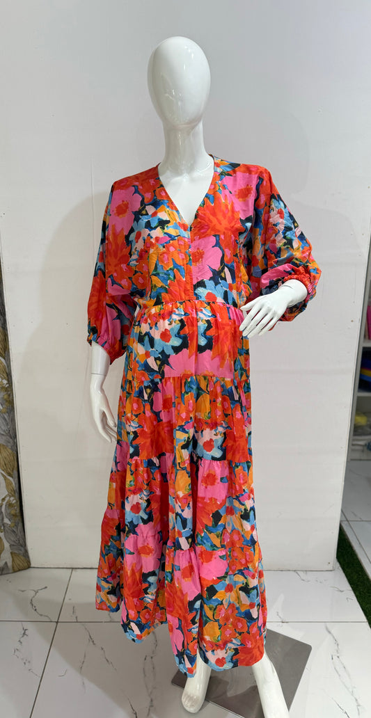 Orange Floral V-neck Maxi Tiered Smock Dress