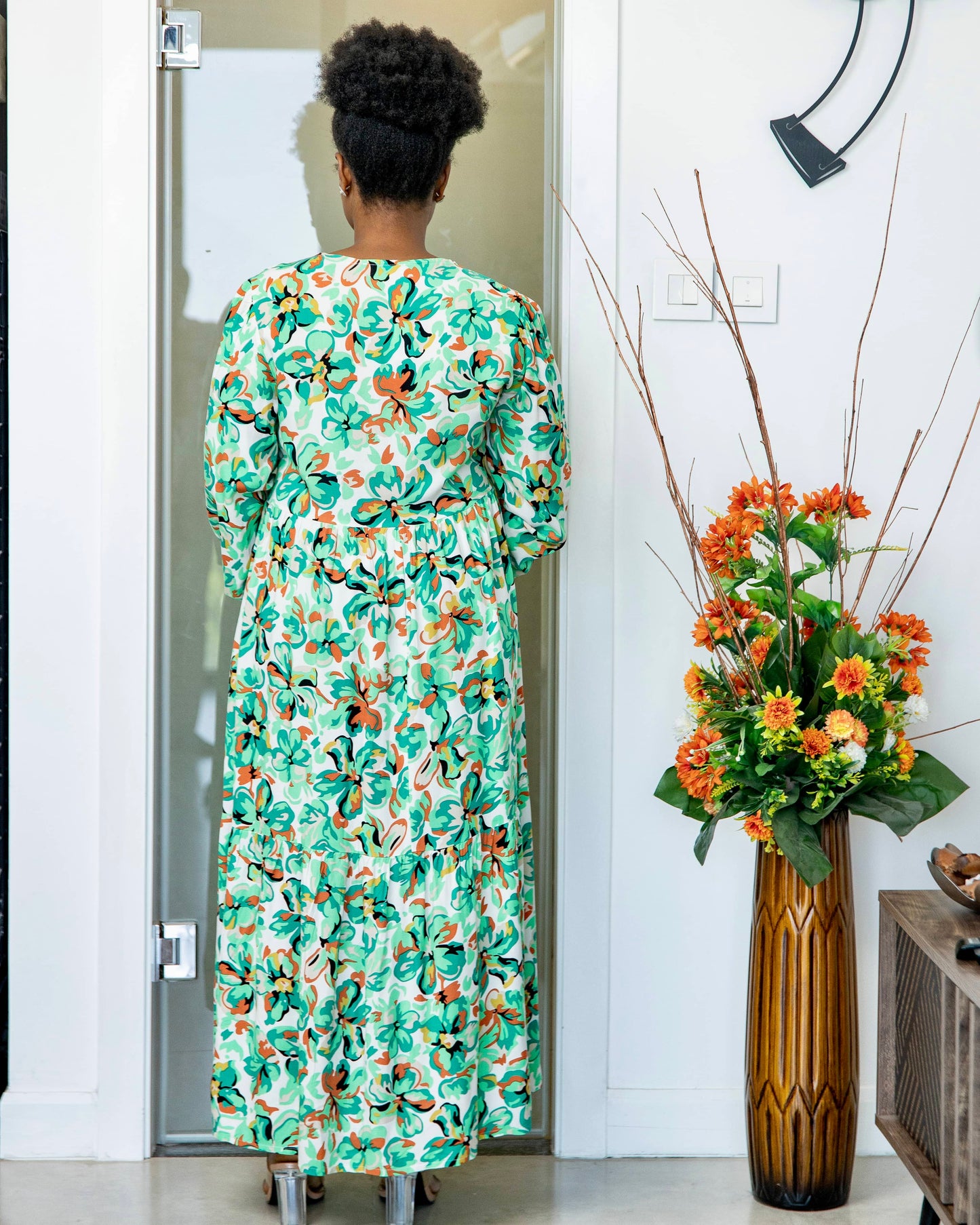 Green V-Neck Floral Print Maternity Smock Maxi Dress