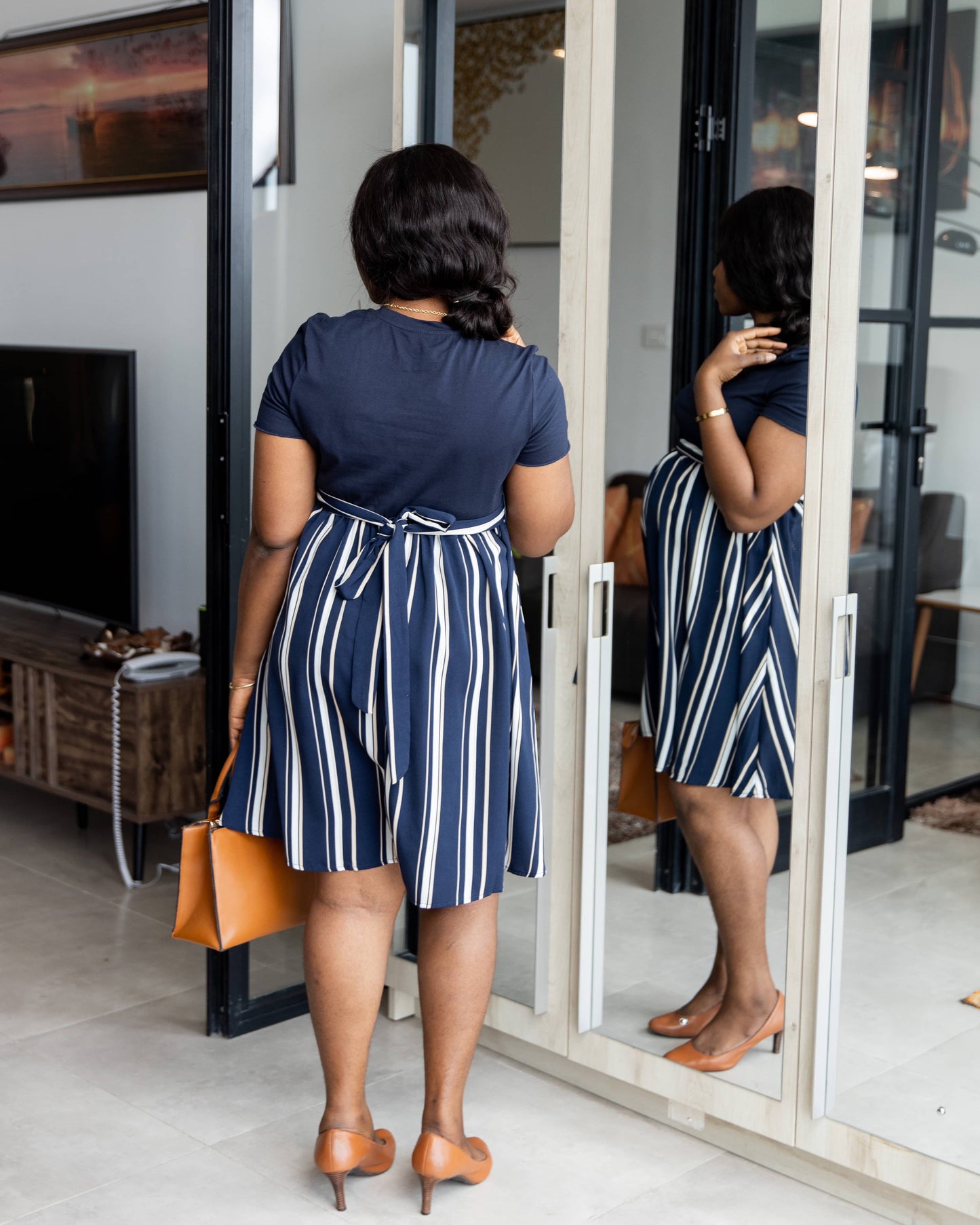 Striped Navy Hem Belted Maternity Skater Dress