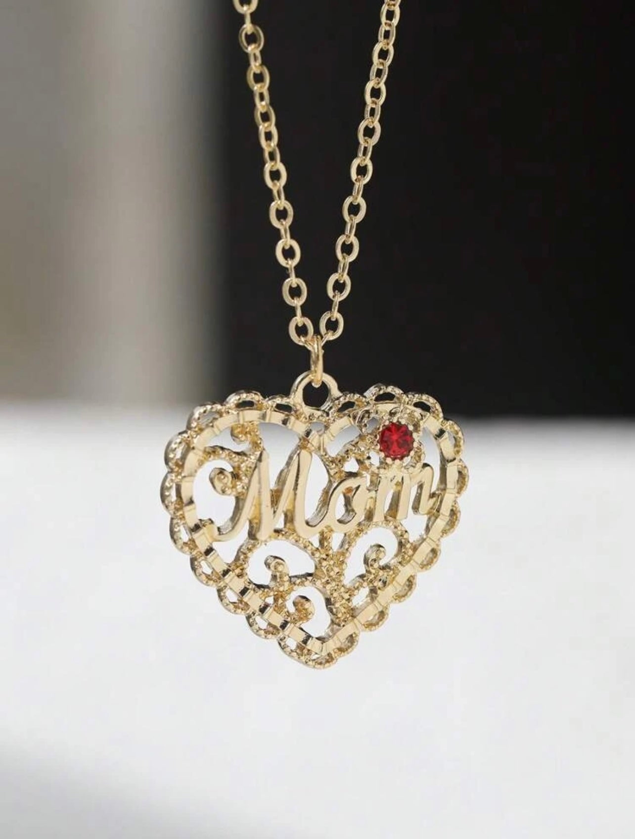 “Mom” Ruby Stone Heart Gold Necklace