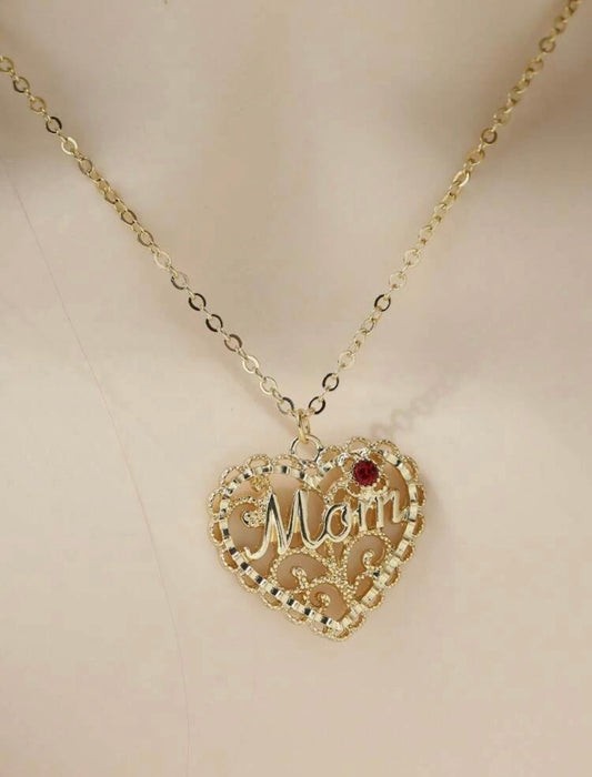 “Mom” Ruby Stone Heart Gold Necklace