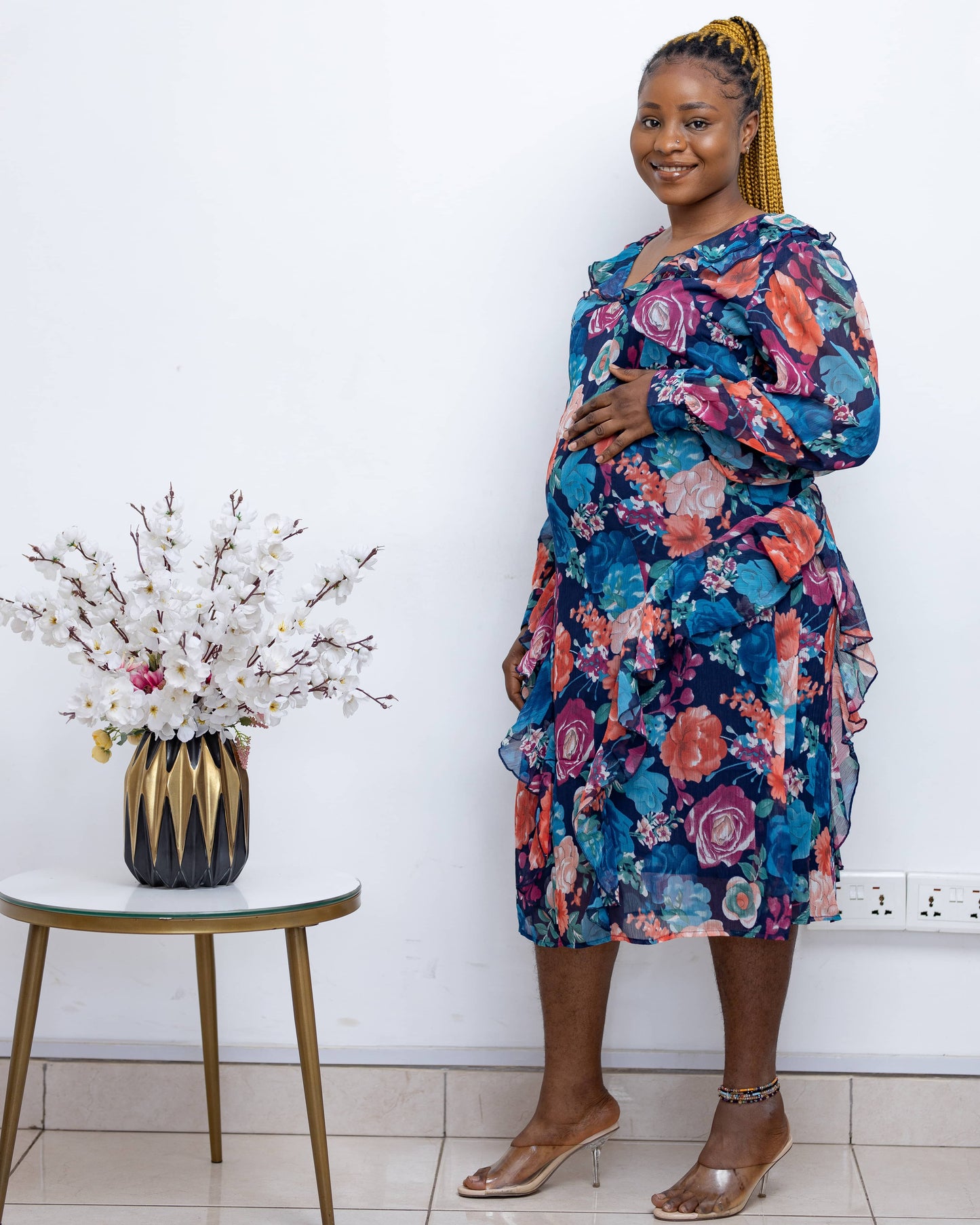 Floral Chiffon Ruffle Maternity Midi Dress