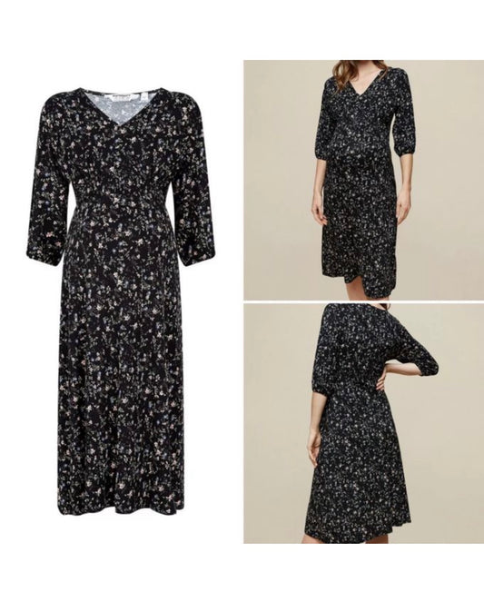 Black Floral Shirred Waist Maternity Dress