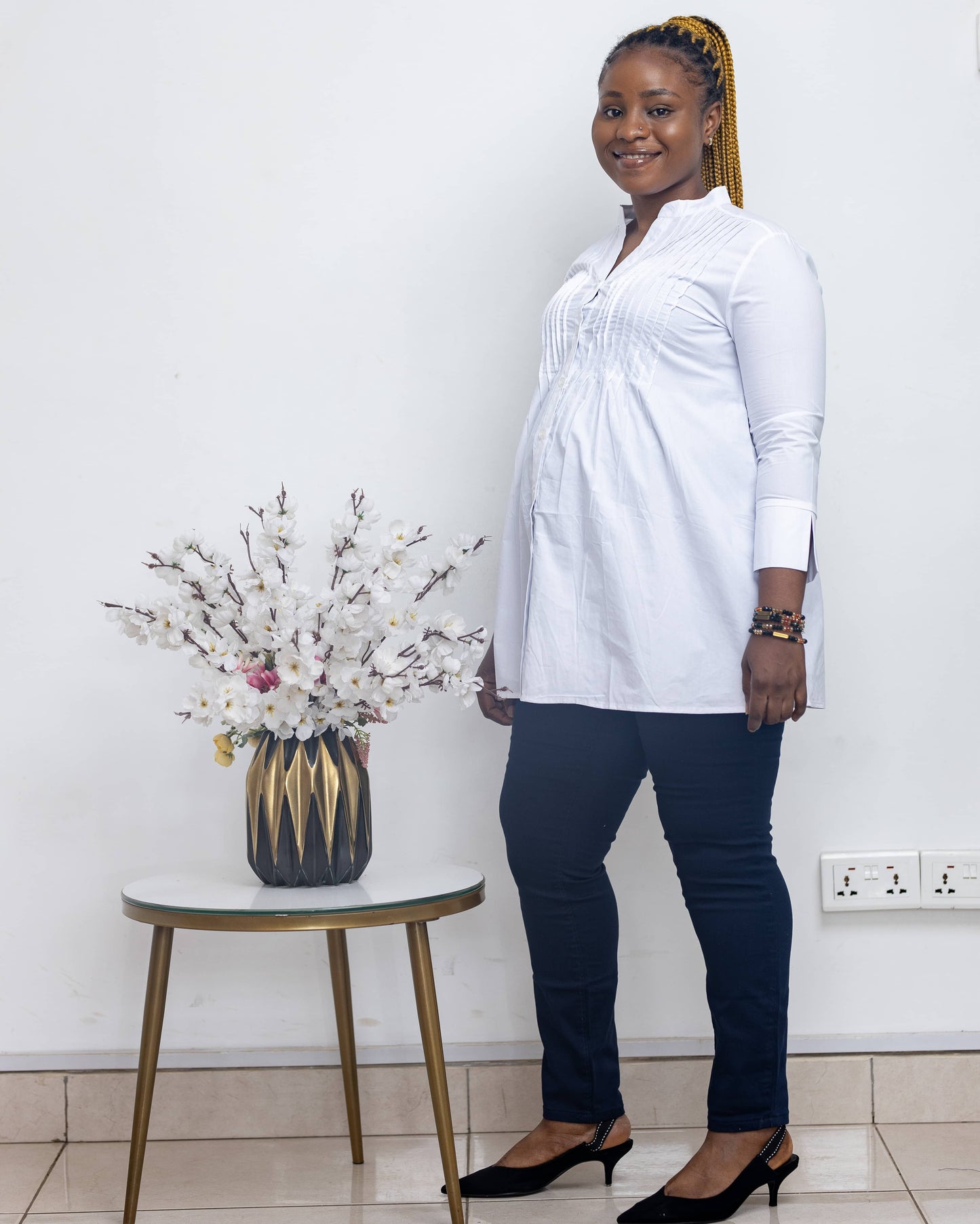 Pleated Front Belted White Maternity/Nursing Shirt