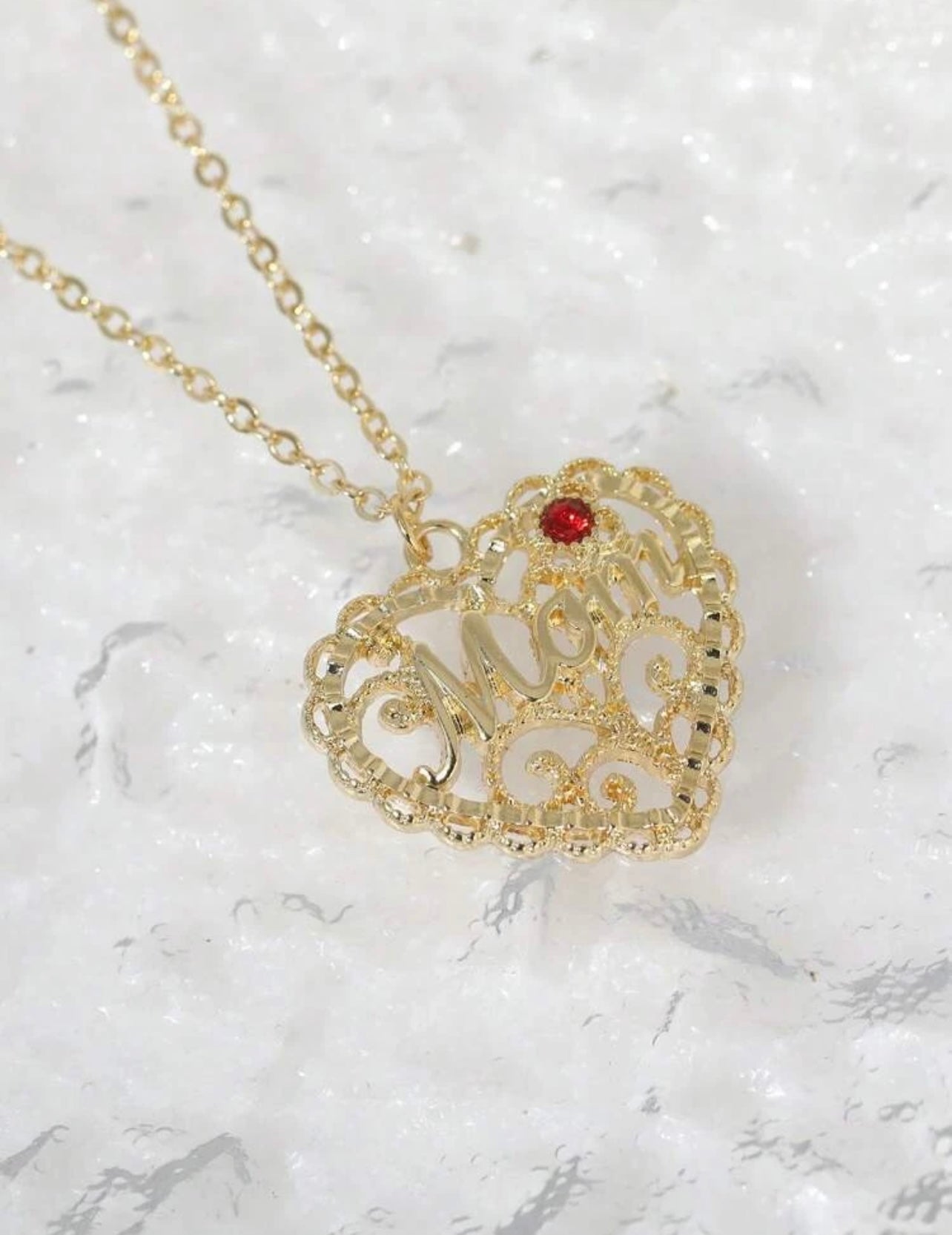 “Mom” Ruby Stone Heart Gold Necklace